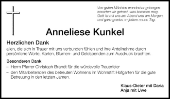 Traueranzeige von Anneliese Kunkel von Fränkische Nachrichten