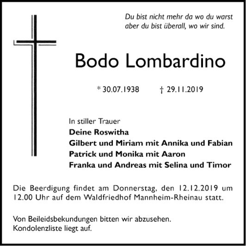  Traueranzeige für Bodo Lombardino vom 07.12.2019 aus Mannheimer Morgen