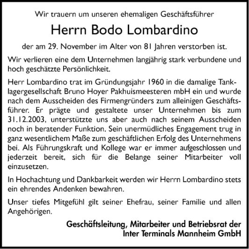  Traueranzeige für Bodo Lombardino vom 07.12.2019 aus Mannheimer Morgen