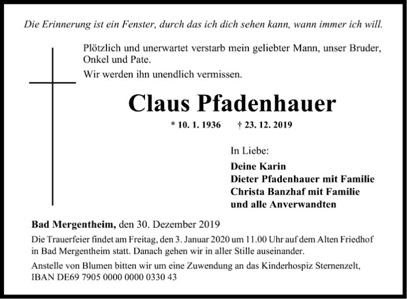  Traueranzeige für Claus Pfadenhauer vom 30.12.2019 aus Fränkische Nachrichten