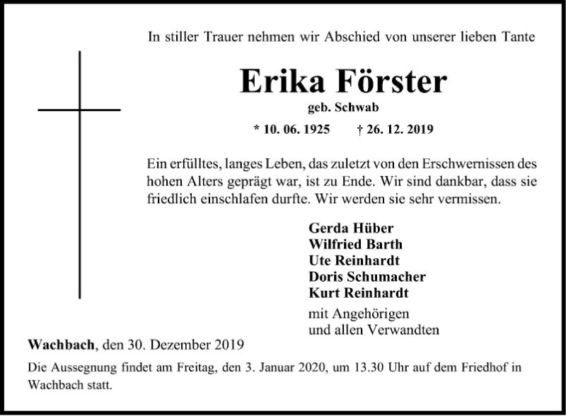 Traueranzeige für Erika Förster vom 30.12.2019 aus Fränkische Nachrichten