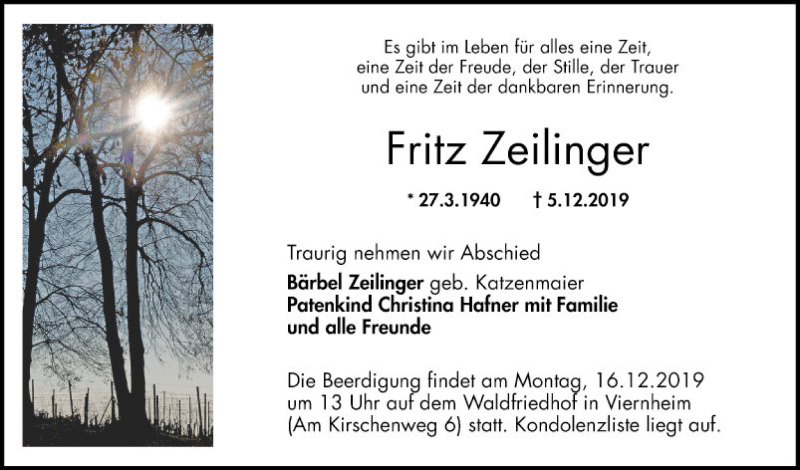  Traueranzeige für Fritz Zeilinger vom 12.12.2019 aus Mannheimer Morgen