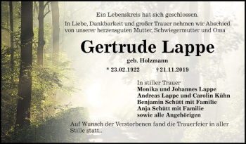 Traueranzeige von Gertrud Lappe von Mannheimer Morgen