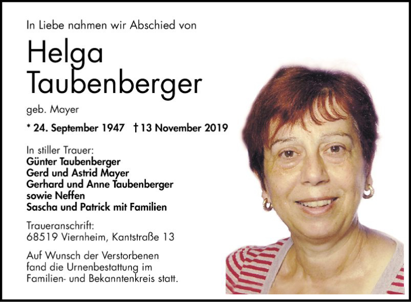  Traueranzeige für Helga Taubenberger vom 30.11.2019 aus Mannheimer Morgen