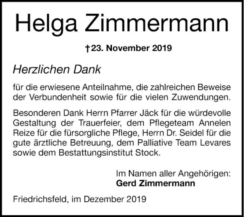  Traueranzeige für Helga Zimmermann vom 14.12.2019 aus Mannheimer Morgen