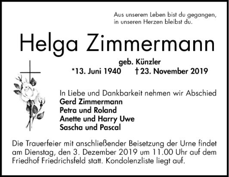  Traueranzeige für Helga Zimmermann vom 30.11.2019 aus Mannheimer Morgen