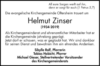 Traueranzeige von Helmut Zinser von Schwetzinger Zeitung