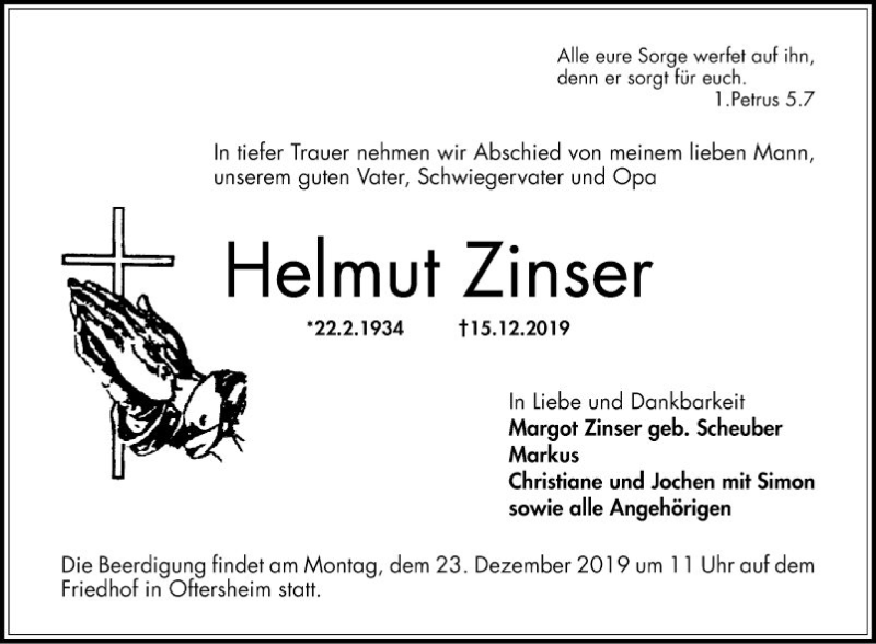 Traueranzeige für Helmut Zinser vom 18.12.2019 aus Schwetzinger Zeitung
