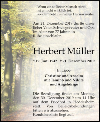 Traueranzeige von Herbert Müller von Mannheimer Morgen
