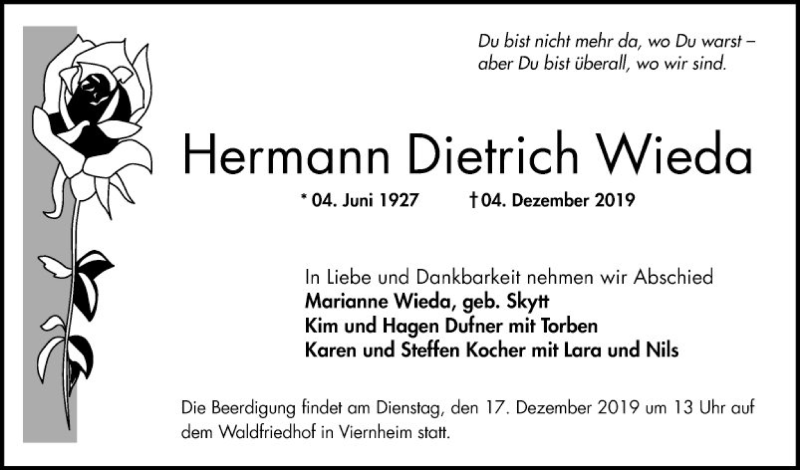  Traueranzeige für Hermann Dietrich Wieda vom 14.12.2019 aus Südhessen Morgen