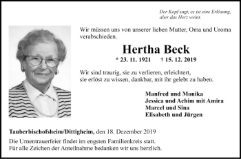Traueranzeige von Hertha Beck von Fränkische Nachrichten