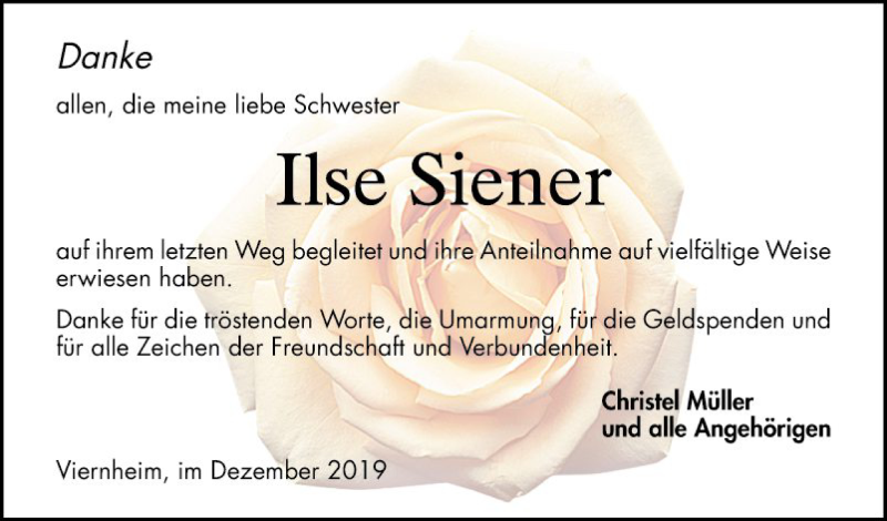  Traueranzeige für Ilse Siener vom 07.12.2019 aus Südhessen Morgen