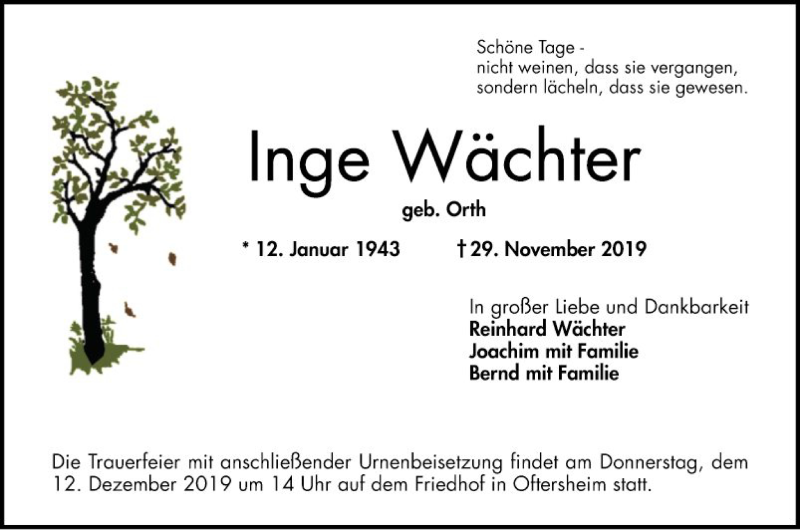  Traueranzeige für Inge Wächter vom 07.12.2019 aus Schwetzinger Zeitung