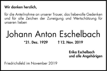 Traueranzeige von Johann Anton Eschelbach von Mannheimer Morgen