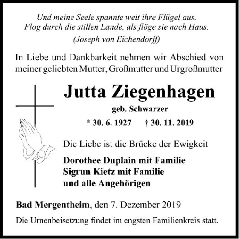  Traueranzeige für Jutta Ziegenhagen vom 07.12.2019 aus Fränkische Nachrichten
