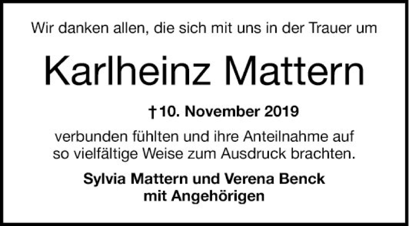  Traueranzeige für Karlheinz Mattem vom 14.12.2019 aus Mannheimer Morgen