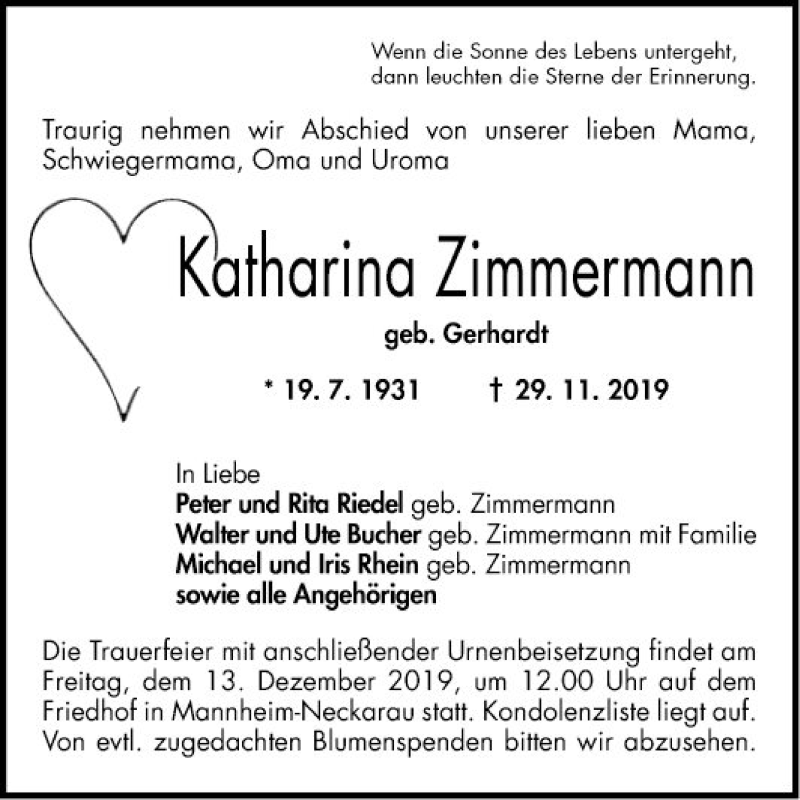  Traueranzeige für Katharina Zimmermann vom 07.12.2019 aus Mannheimer Morgen