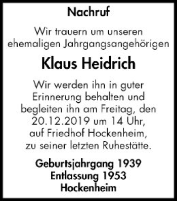 Traueranzeige von Klaus Heidrich von Schwetzinger Zeitung