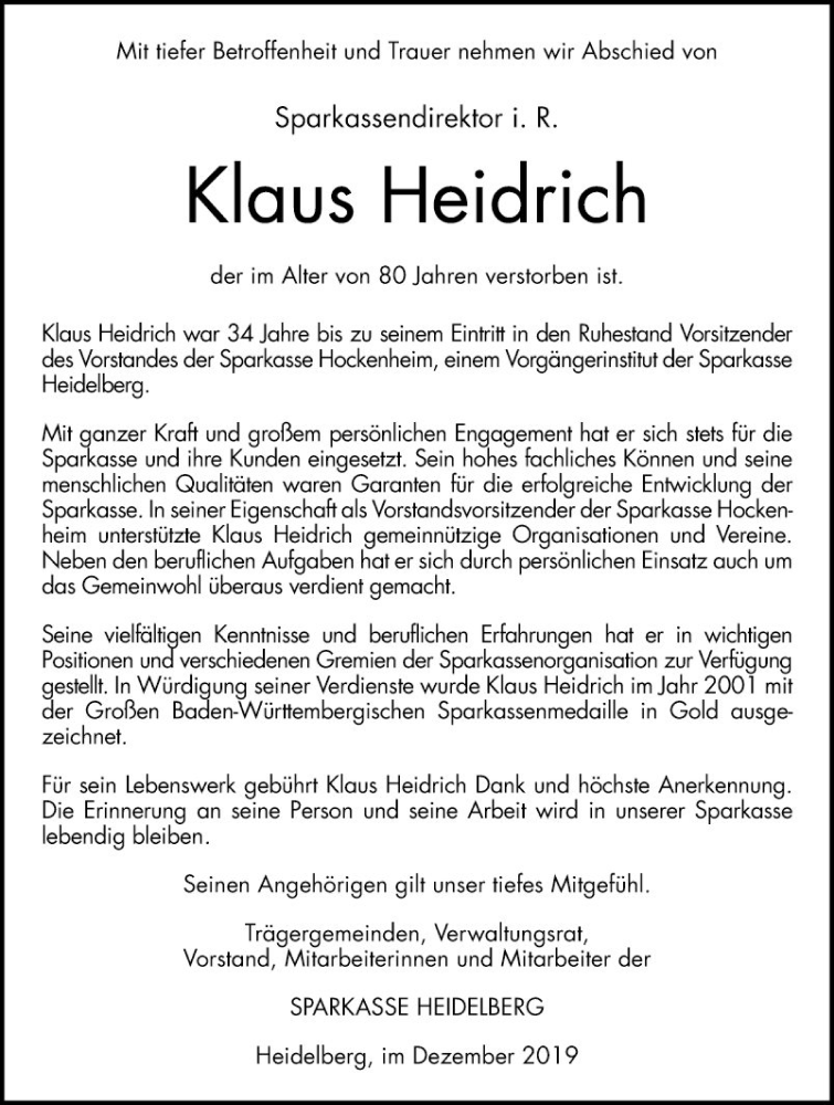  Traueranzeige für Klaus Heidrich vom 18.12.2019 aus Schwetzinger Zeitung