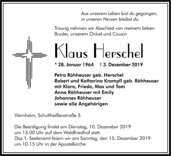 Traueranzeige von Klaus Herschel von Südhessen Morgen