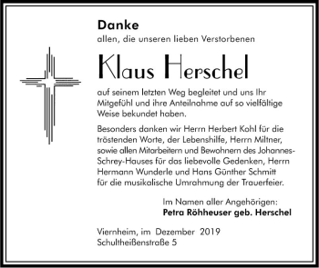 Traueranzeige von Klaus Herschel von Südhessen Morgen