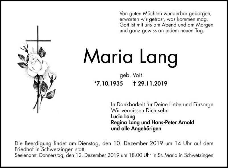  Traueranzeige für Maria Lang vom 07.12.2019 aus Schwetzinger Zeitung