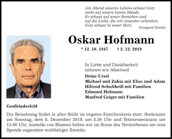 Traueranzeige von Oskar Hofmann von Fränkische Nachrichten