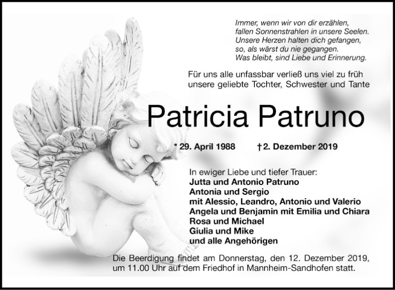  Traueranzeige für Patricia Patruno vom 07.12.2019 aus Mannheimer Morgen