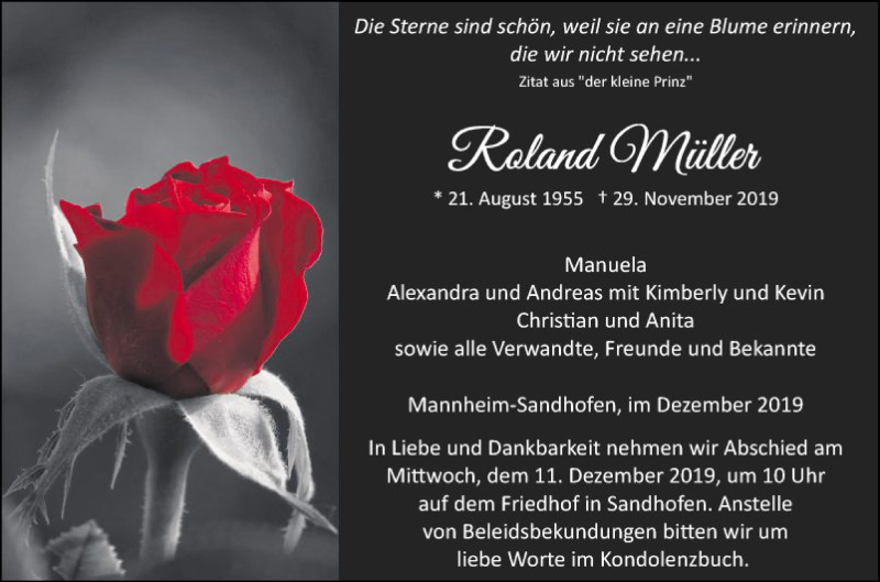  Traueranzeige für Roland Müller vom 07.12.2019 aus Mannheimer Morgen