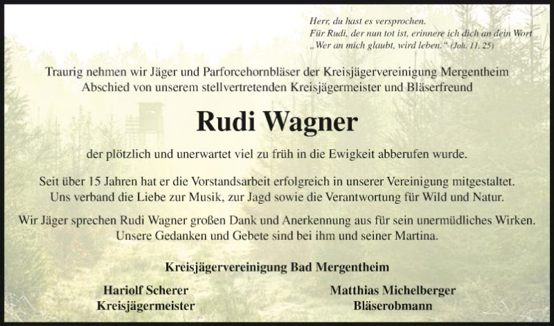  Traueranzeige für Rudi Wagner vom 04.12.2019 aus Fränkische Nachrichten