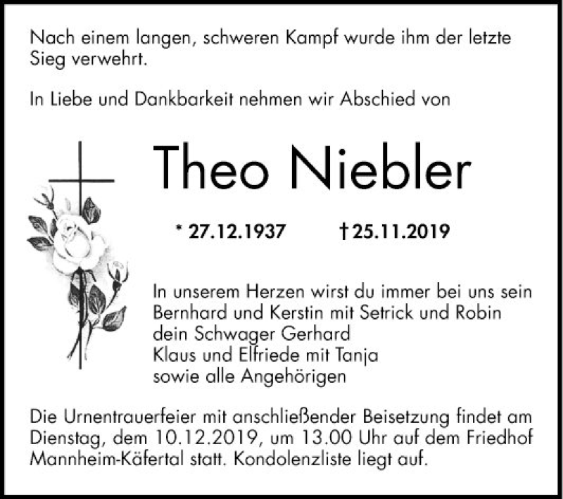  Traueranzeige für Theo Niebler vom 07.12.2019 aus Mannheimer Morgen