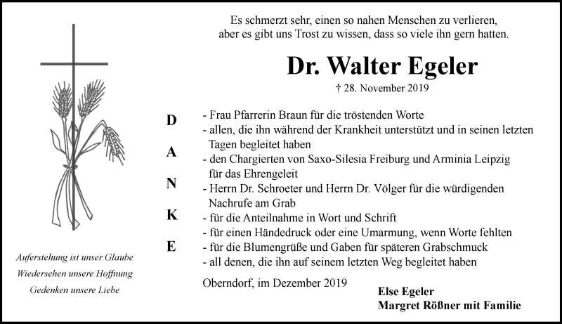  Traueranzeige für Walter Egeler vom 20.12.2019 aus Fränkische Nachrichten