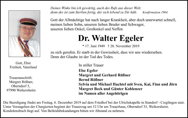  Traueranzeige für Walter Egeler vom 03.12.2019 aus Fränkische Nachrichten