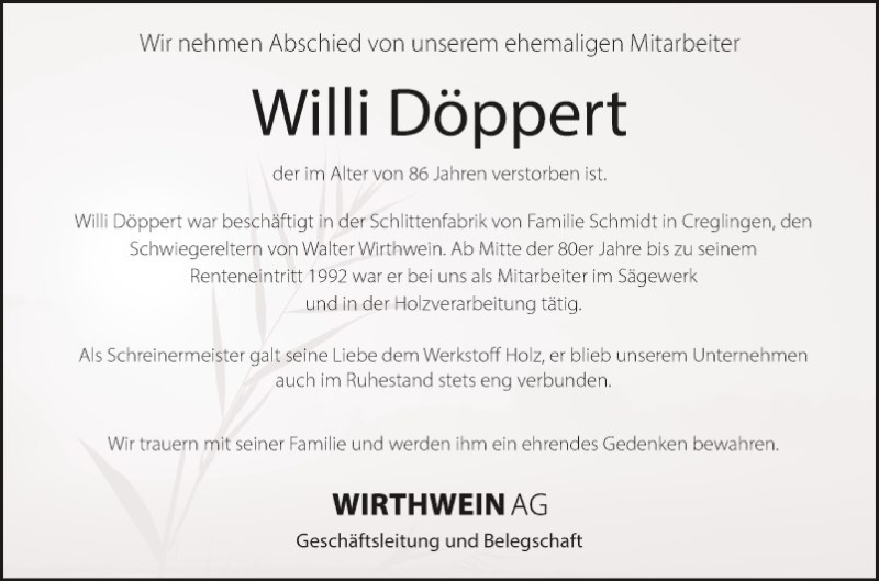  Traueranzeige für Willi Döppert vom 17.12.2019 aus Fränkische Nachrichten