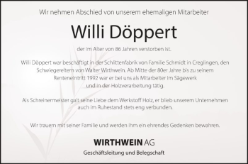 Traueranzeige von Willi Döppert von Fränkische Nachrichten