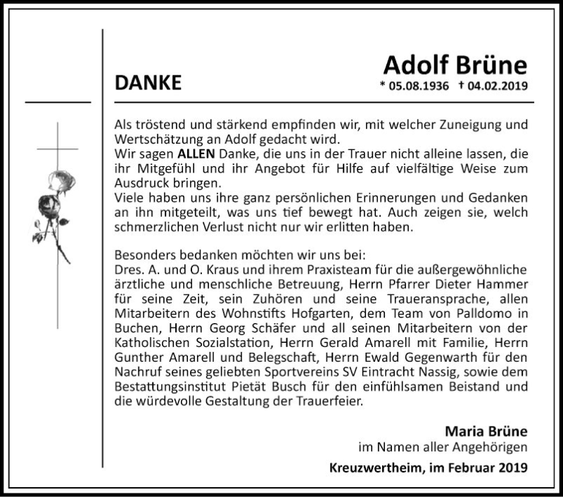  Traueranzeige für Adolf Brüne vom 23.02.2019 aus Fränkische Nachrichten