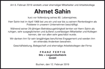Traueranzeige von Ahmet Sahin von Fränkische Nachrichten