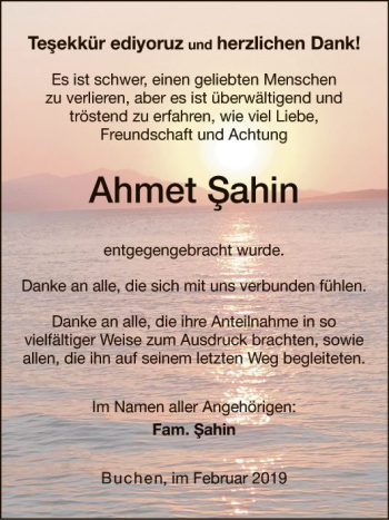 Traueranzeige von Ahmet Sahin von Fränkische Nachrichten