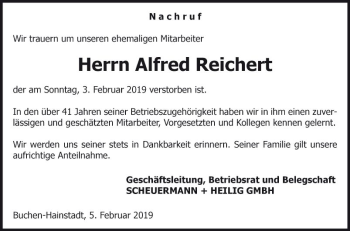 Traueranzeige von Alfred Reichert von Fränkische Nachrichten