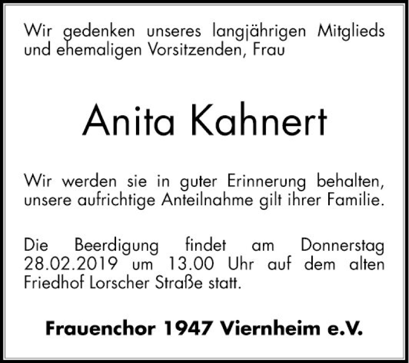  Traueranzeige für Anita Kahnert vom 28.02.2019 aus Südhessen Morgen