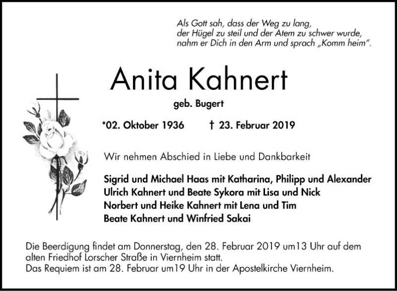  Traueranzeige für Anita Kahnert vom 26.02.2019 aus Südhessen Morgen