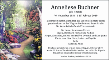 Traueranzeige von Anneliese Buchner von Fränkische Nachrichten