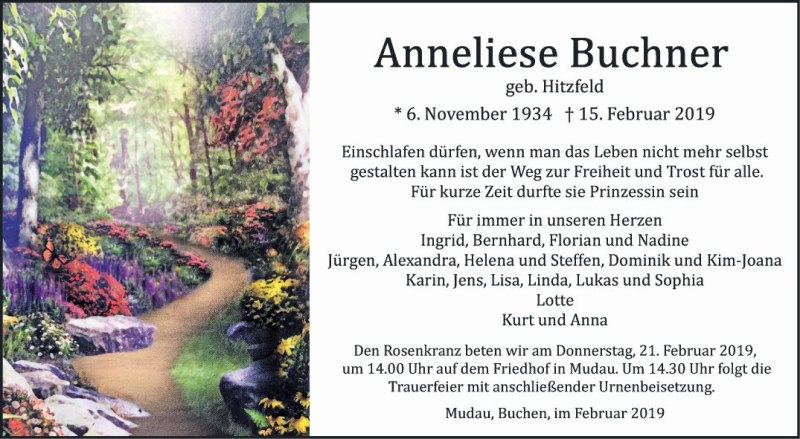  Traueranzeige für Anneliese Buchner vom 19.02.2019 aus Fränkische Nachrichten