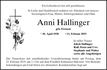 Traueranzeige von Anni Hallinger von Bergsträßer Anzeiger