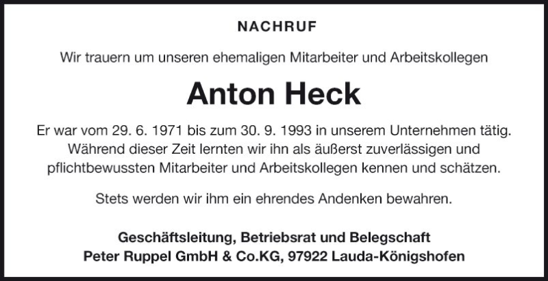  Traueranzeige für Anton Heck vom 02.02.2019 aus Fränkische Nachrichten