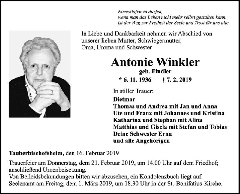  Traueranzeige für Antonie Winkler vom 16.02.2019 aus Fränkische Nachrichten