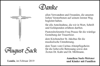 Traueranzeige von August Sack von Fränkische Nachrichten