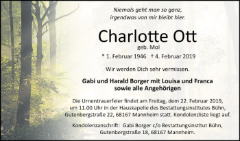 Traueranzeige von Charlotte Oft von Mannheimer Morgen