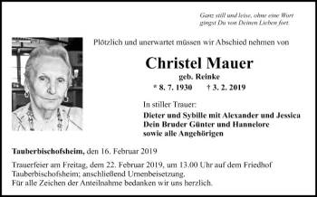 Traueranzeige von Christel Mauer von Fränkische Nachrichten