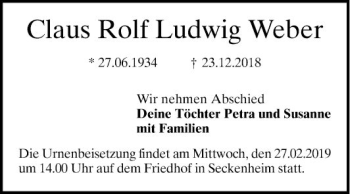 Traueranzeige von Claus Rolf Ludwig Weber von Mannheimer Morgen